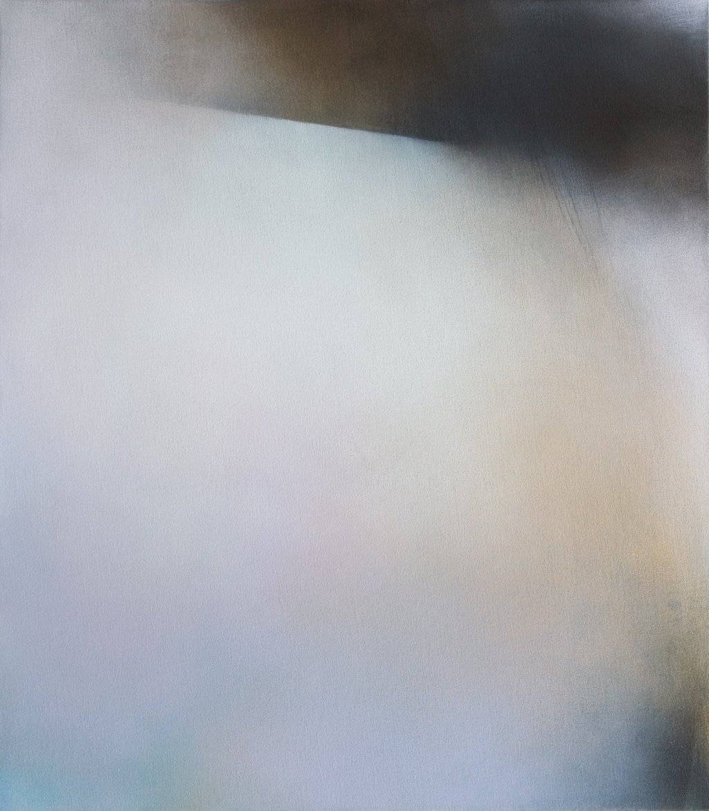 Painting in white, abstract idea of chalk cliffs, with a dark brown strip at the top