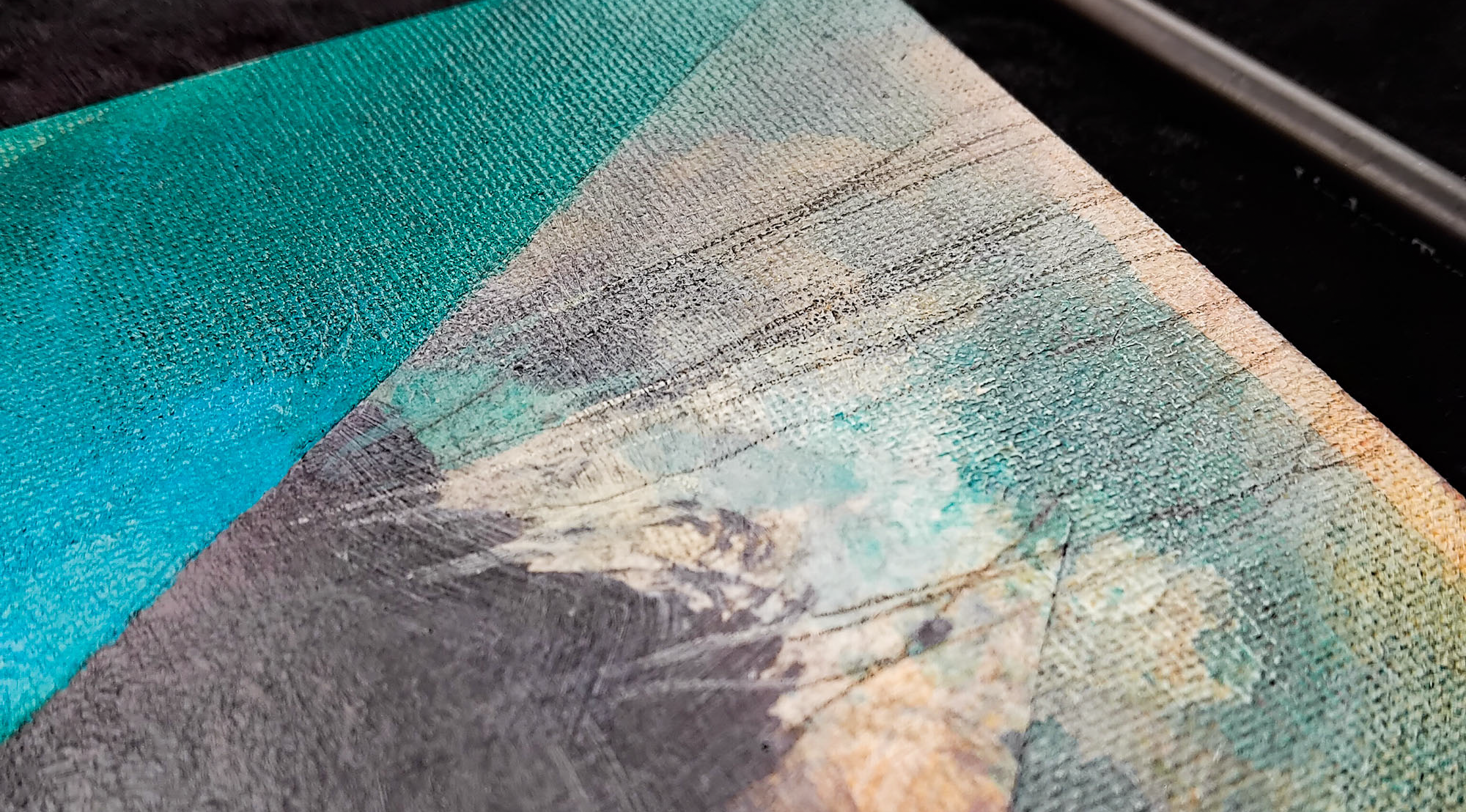 One Painting - close up of painting on canvas with drawn carbon lines, collage, ink and turquoise blue paint