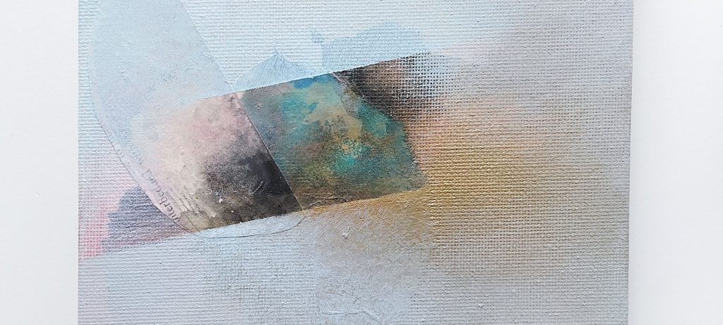 Photo of painting on canvas with collaged paper, ink, and acrylic